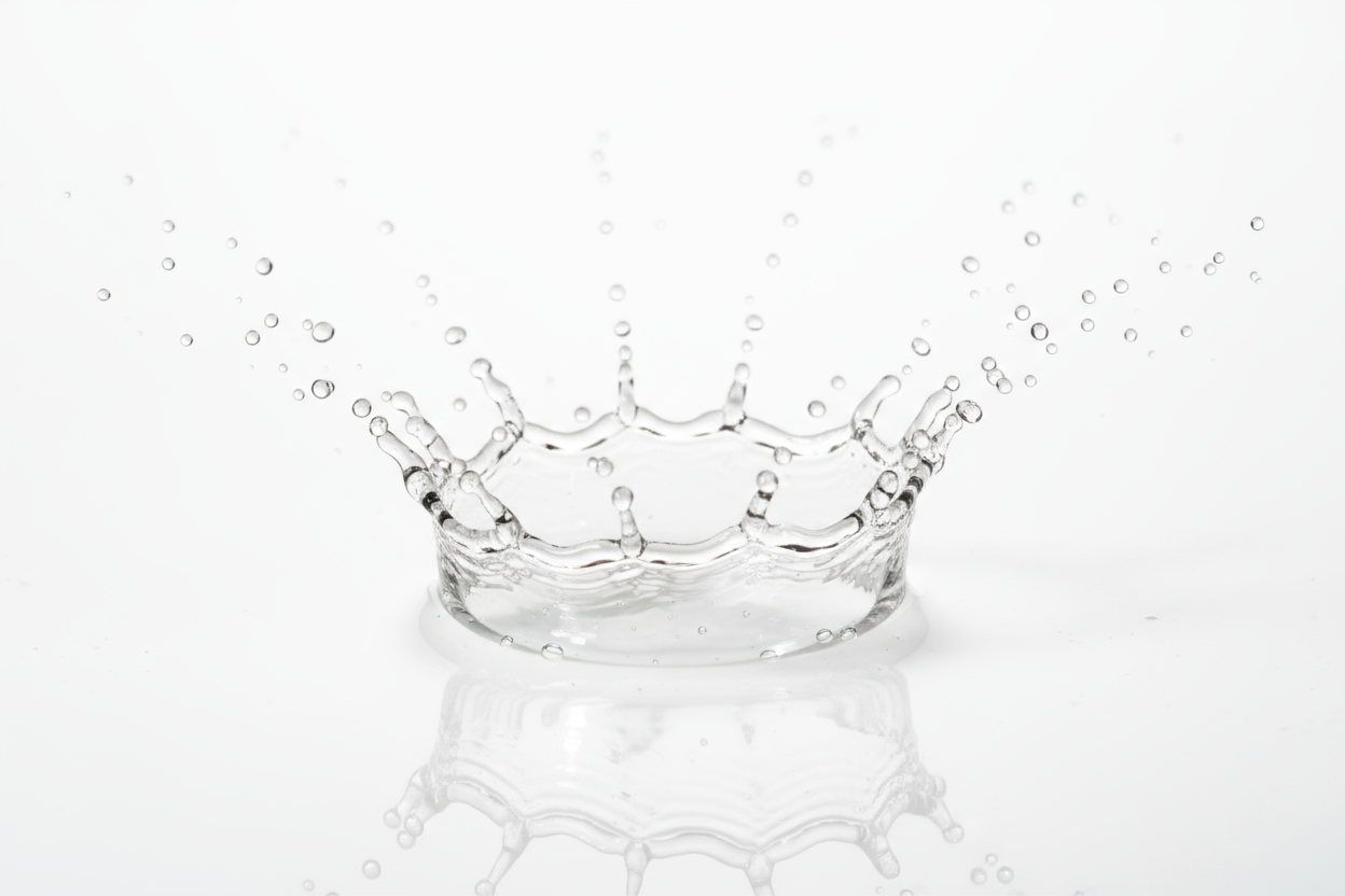 clear drops of toner splashing against a white surface. 90mm focal. close up. medical grade skincare aesthetic