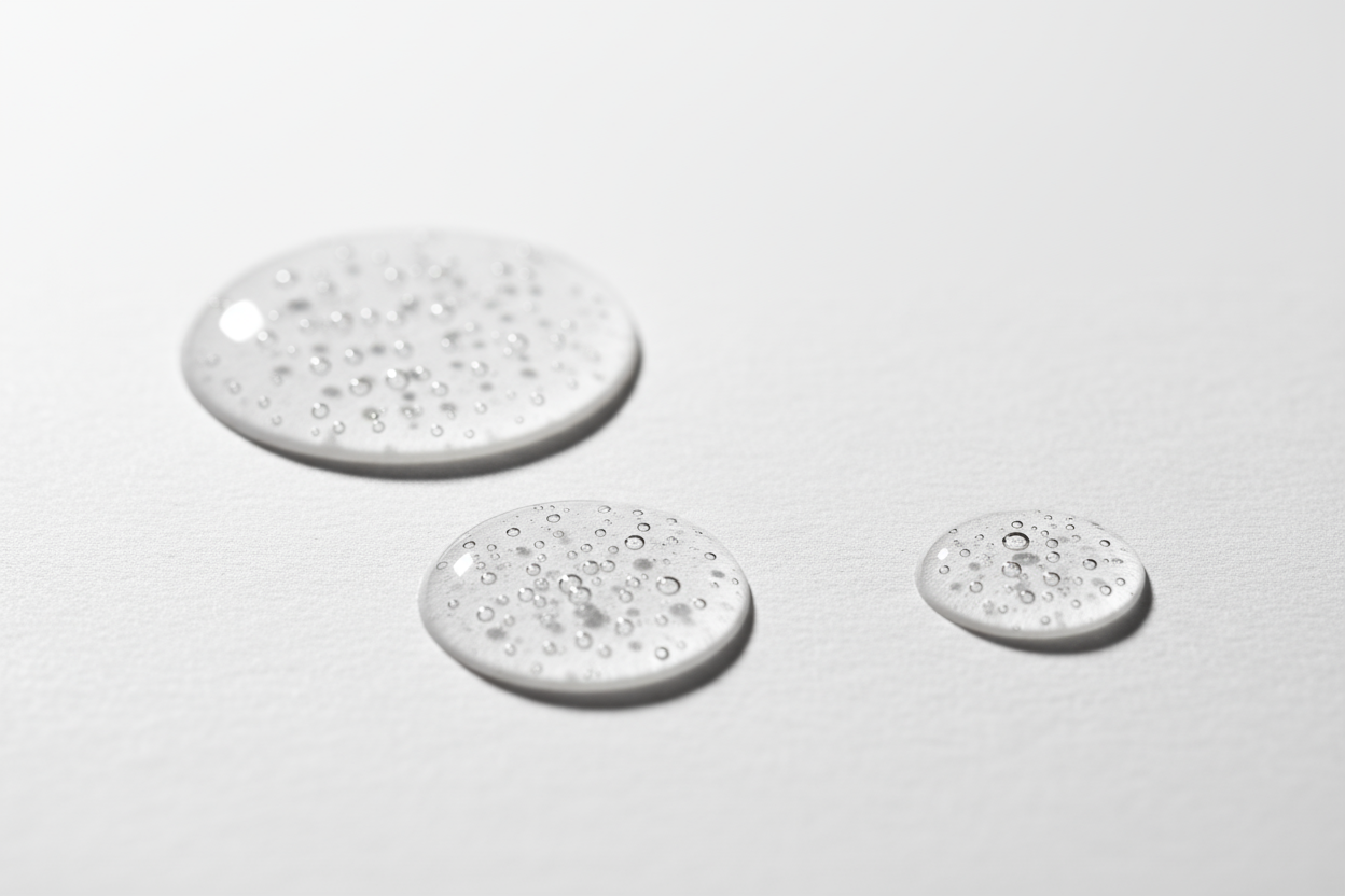 3 uneven circular drops of clear serum with a few bubbles against a white backdrop with soft lighting, shot at an angle