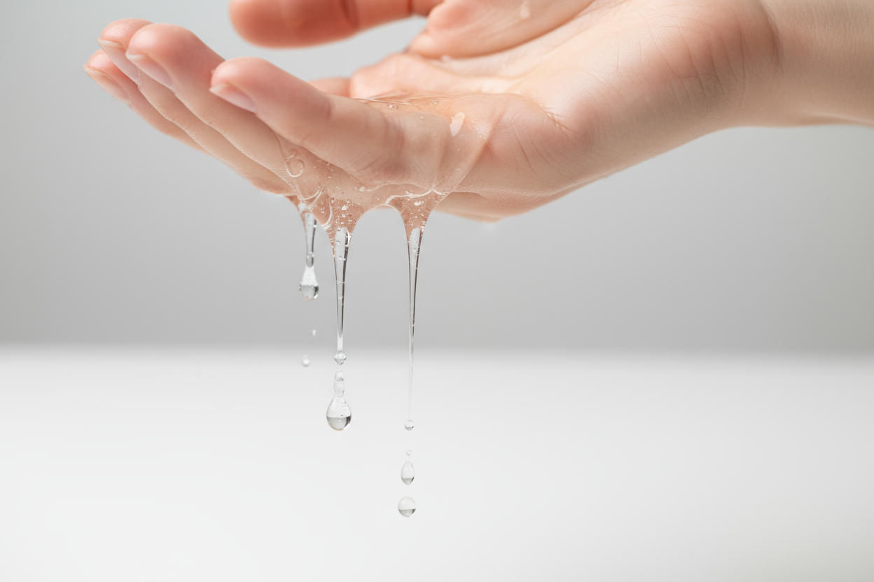 slightly thick clear face cleanser dripping through one delicate female hand, high shutter speed for sharpness and clarity, 90mm focal length for close-up shot, side angle